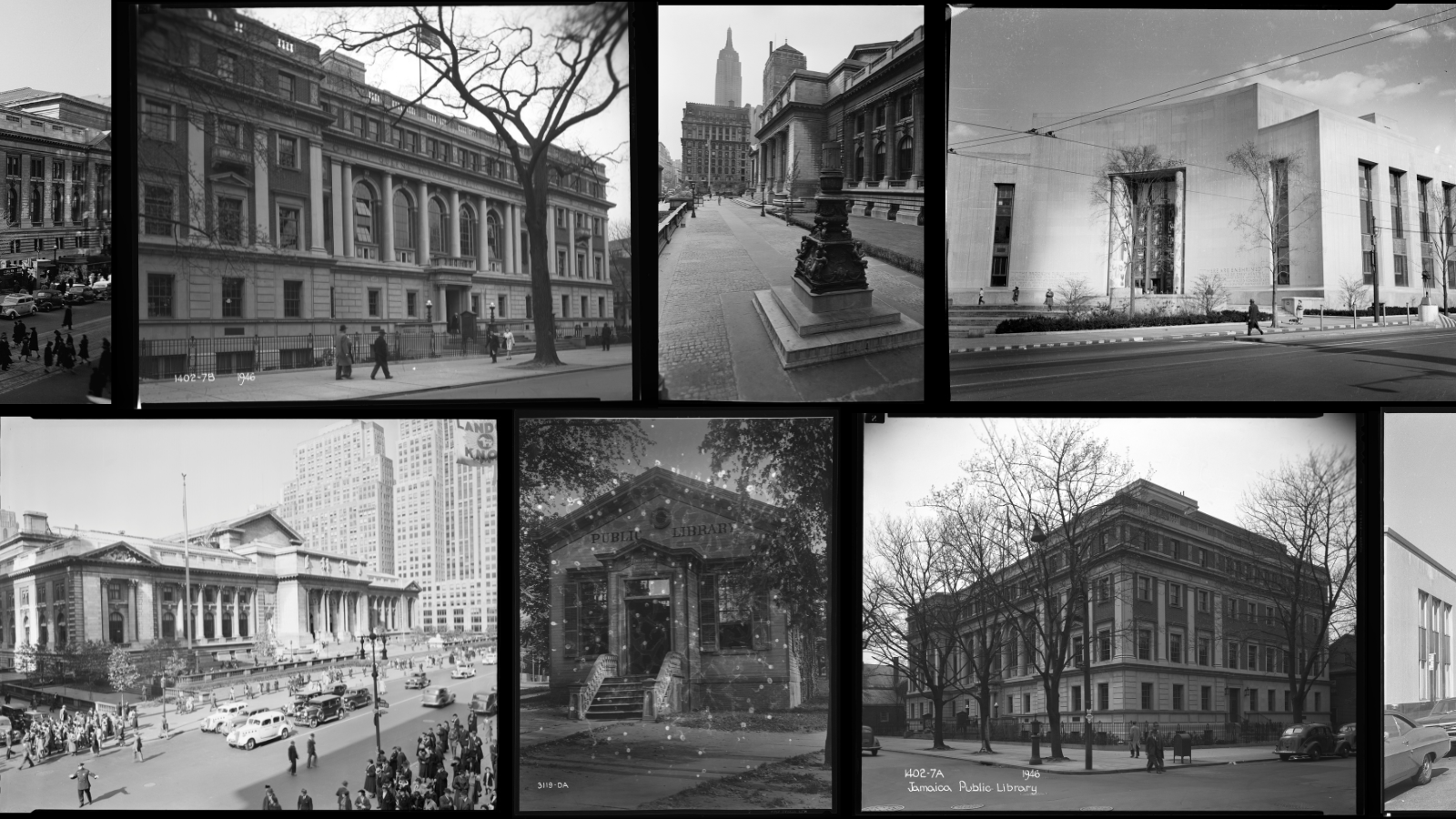 Historic black and white photos of libraries throughout New York City
                                           